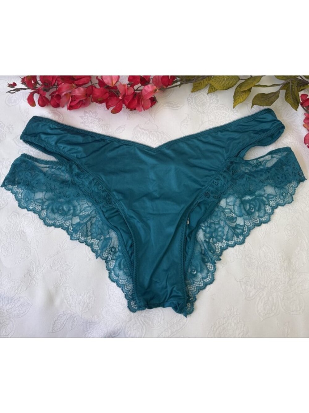 VICTORIA'S SECRET XL BLUE GREEN VERY SEXY CUT OUT SIDES SILKY HI LEG PANTIES NWT